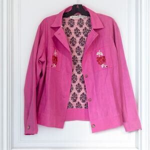 ALIX OF BOHEMIA Linen Rose Embroidered Jacket in Hot Pink Size M/L